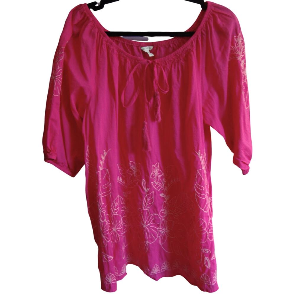 Cato Hot Pink Embroidered Peasant Top Keyhole Neck Bow Tie Floral COTTON XL